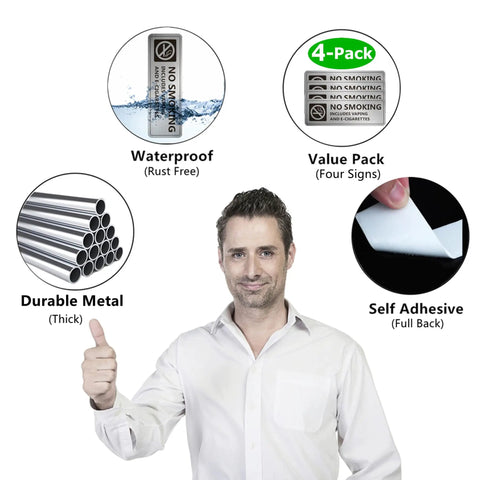 Man showing 4 Pack No Smoking Signs For Home And Business, Self Adhesive No Vaping Warning Signs, Rust Free Aluminum, and features like durability.