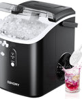 EUHOMY nugget ice maker countertop, black with handle; ice-filled bin and front control panel.
