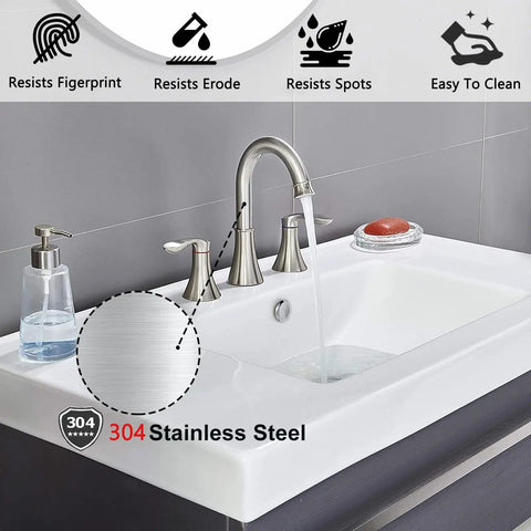 Widespread 8 Inch Bathroom Faucet Set With Two Handles And Swivel Spout, 3 Hole Mount, Brushed Nickel Finish in modern sink.