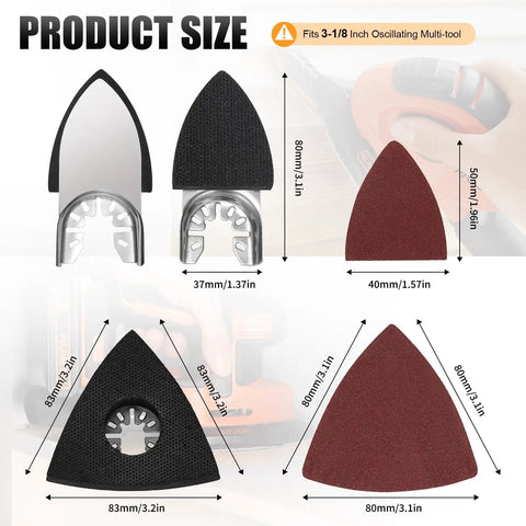 156Pcs Oscillating Multi Tool Sanding Pads Kit With Triangle And Finger Pads, 5 Grits, Size Dimensions Shown