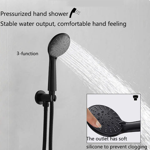 UMJIGF Shower System with Tub Spout, Black Shower Faucet Set 8 Inch Brass Shower Combo Set Wall Mounted Mixer Shower with 3 Mode Handheld Shower showing pressurized hand shower.
