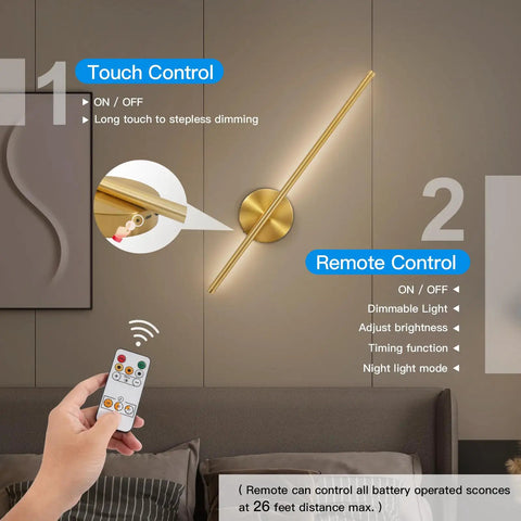 Rechargeable Wireless Wall Sconces Set Of Two 24 Inch gold touch and remote control for adjustable dimmable accent lighting.
