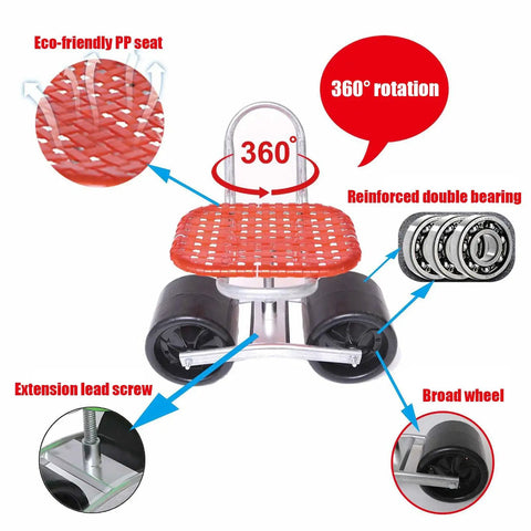 Rolling Garden Bench Seat With Wheels Foldable Cart Stool For Patio And Yard Red Two Wheels Steerable Height Adjustable 360 Degree Swivel Non Pneumatic Wheels