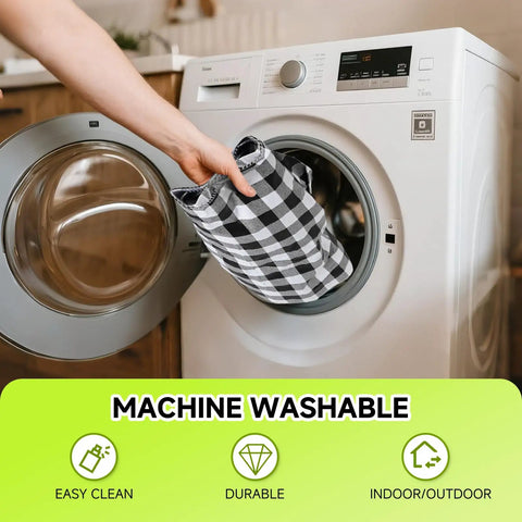 Person placing black and white checkered Waterproof 6 Foot Table Cover With Bench Covers into washing machine for cleaning.