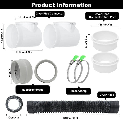 4 Inch Dryer Vent Hose Kit 10 Ft With 90 Degree Elbow, Heavy Duty 6 Layer Flexible Aluminum Duct, Rubber Interface Connector
