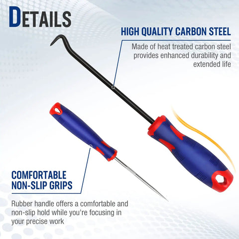 9 Piece Precision Pick And Hook Set With Scraper For Auto And Electronics showing high-quality carbon steel hooks.