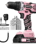 20V Max Cordless Drill Kit With Battery And Charger Two Speeds Three Eighths Inch Keyless Chuck Nineteen Position Clutch Twenty Two Piece Bit Set Pink Color For Light DIY Home Projects Like Furniture Assembly And Hanging Pictures showing drill and accessories