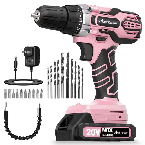 20V Max Cordless Drill Kit With Battery And Charger Two Speeds Three Eighths Inch Keyless Chuck Nineteen Position Clutch Twenty Two Piece Bit Set Pink Color For Light DIY Home Projects Like Furniture Assembly And Hanging Pictures showing drill and accessories