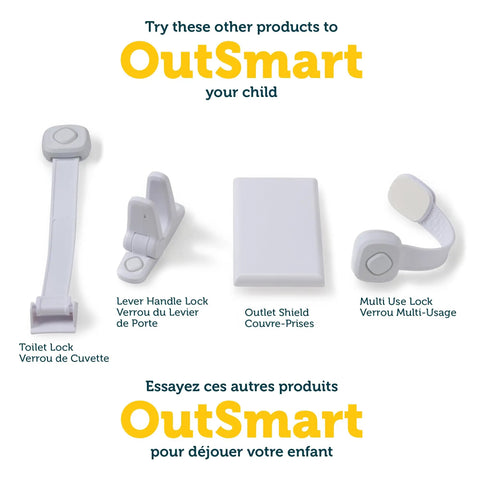 OutSmart child safety products including lever handle lock and toilet lock alongside OutSmart Outlet Shield 2 Pack With Paintable Decoy Panels For Unused Outlets Easy No Tools Install Kidproof Safety For Curious Toddlers Covers And Conceals Seamless Wall Look.