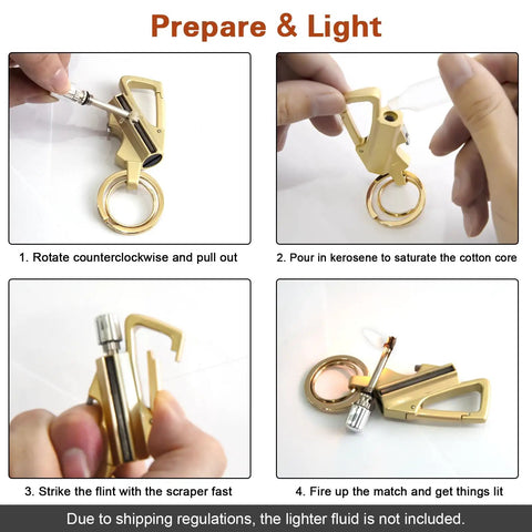 Four-step guide showing how to use the Three Pack Infinity Lighter Multitool Keychain with Bottle Opener Refillable Metal Lighter for Camping and Hiking Built Tough for Outdoorsy Guys Gift for Men, featuring rotation, filling, striking, and lighting.