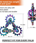 Quiet Metal Infinity Gear Fidget Toy For Focus And Stress Relief with rainbow plating, zinc-alloy, dimensions shown, perfect desk accessory.