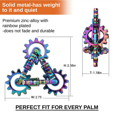Quiet Metal Infinity Gear Fidget Toy For Focus And Stress Relief with rainbow plating, zinc-alloy, dimensions shown, perfect desk accessory.