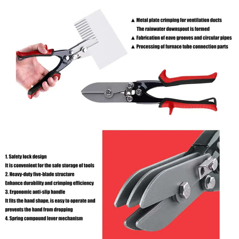 Five Blade Metal Sheet Crimping Tool in steel with ergonomic nonslip handle for gutter and pipe systems, heavy duty secure lock design.