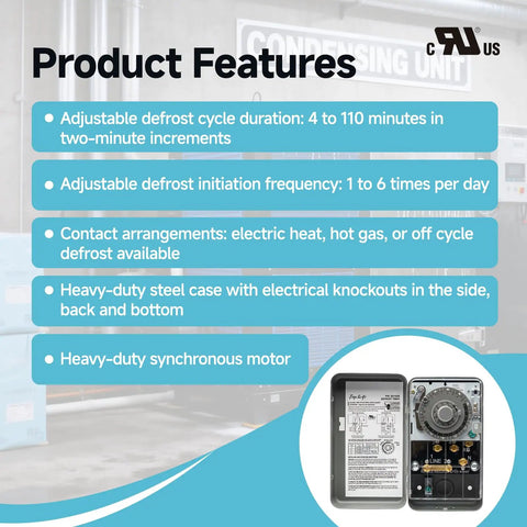 Commercial Refrigeration Defrost Timer 40A 2HP 120V AC 60Hz UL Certified Pro Grade Defrost Controller With 1 to 6 Daily Auto Defrost Cycles, Adjustable 4 to 110 Minutes In 2 Minute Steps, Keeps Evaporators Frost Free Cooling Performance Boost, steel case