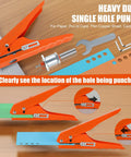 Heavy Duty Kickass Hole Punch Pliers For Adjustable Screw Covers And Edge Banding With Precision Limit Drill Bit For Leather PVC And Thick Paper Projects on a wooden table with papers.