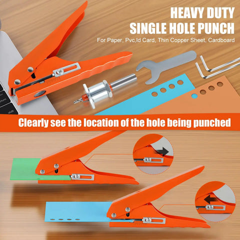 Heavy Duty Kickass Hole Punch Pliers For Adjustable Screw Covers And Edge Banding With Precision Limit Drill Bit For Leather PVC And Thick Paper Projects on a wooden table with papers.