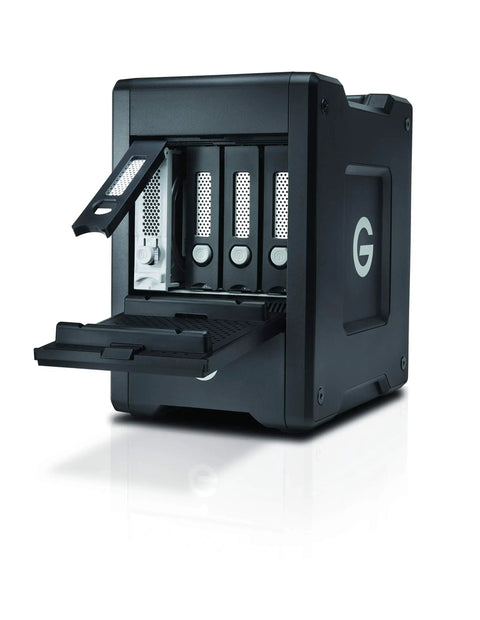 Top Shelf 16Tb Thunderbolt Portable Solid State Drive Raid Array Featuring Ev Bay Adapter shown at an angle with open slots