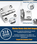 Front view of BBTO 6-pack 316 stainless steel boat hinges with screws, marine heavy-duty butt hinges 2x2 inches
