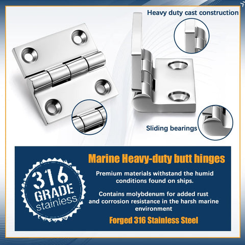 Front view of BBTO 6-pack 316 stainless steel boat hinges with screws, marine heavy-duty butt hinges 2x2 inches
