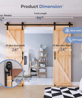Heavy Duty 8 Foot Double Sliding Barn Door Track And Handle Kit Gliding Smooth As Butter With Precision Ball Bearings And Rugged Black Coating For A Total No Sweat Install showing product dimensions and door compatibility.