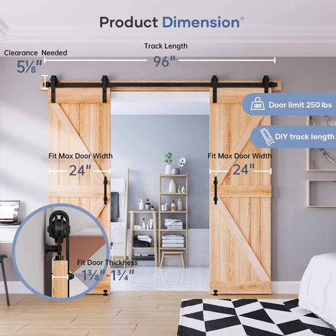 Heavy Duty 8 Foot Double Sliding Barn Door Track And Handle Kit Gliding Smooth As Butter With Precision Ball Bearings And Rugged Black Coating For A Total No Sweat Install showing product dimensions and door compatibility.
