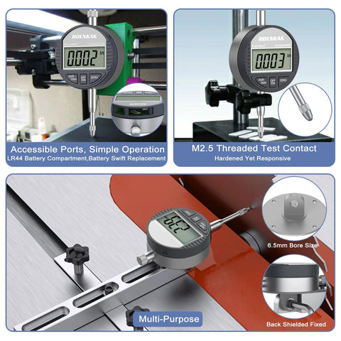 HDLNKAK digital dial indicator gauge, front view; 0–1 in/25.4 mm range with metal probe.