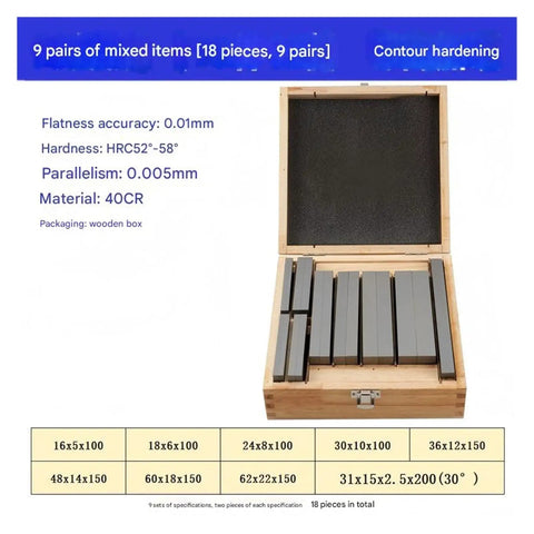 Heavy Duty Alloy Steel Parallel Gauge Block Kit 18 Pieces in wooden box, showcasing precision measurement tooling for CNC use.