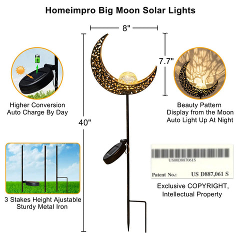 Moon Solar Garden Lights Outdoor Waterproof Stake Yard Decor with crescent moon design, 8" x 7.7" x 40", bronze finish.