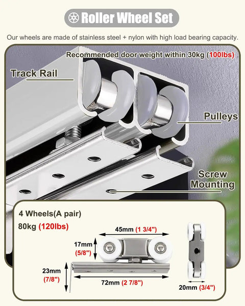 Heavy Duty Bypass Sliding Door Track Hardware For Two Doors Silver Barn Style Runners With Slide On Autopilot Pulleys, 120lbs capacity.