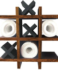 Tic Tac Toe Toilet Paper Holder Stand Made From Natural Pine Wood Wall Mounted Or Freestanding Bathroom Tissue Roll Storage Organizer With Whimsical Game Board Style And Cool Home Decor Vibe in square grid shape showing rolls and Xs.
