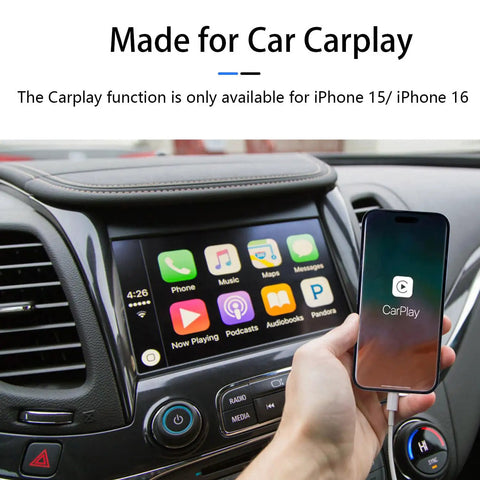 Car USB A To USB C Charging Cable For iPhone 17 16 15 Series And iPad shown connecting iPhone to car console for CarPlay display