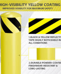 High-visibility yellow coating and reflective tape on Knockout Yellow Steel Bollard Post Forty Eight Inches Tall Five Point Five Inch Diameter Pipe.