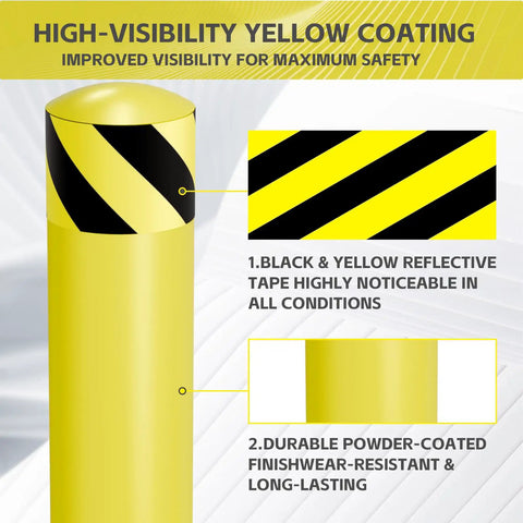 High-visibility yellow coating and reflective tape on Knockout Yellow Steel Bollard Post Forty Eight Inches Tall Five Point Five Inch Diameter Pipe.