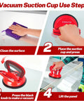 Steps demonstrating the 100 Lb Aluminum Glass Suction Cup With Locking Handle Heavy Duty Vacuum Lifter in use for lifting glass.