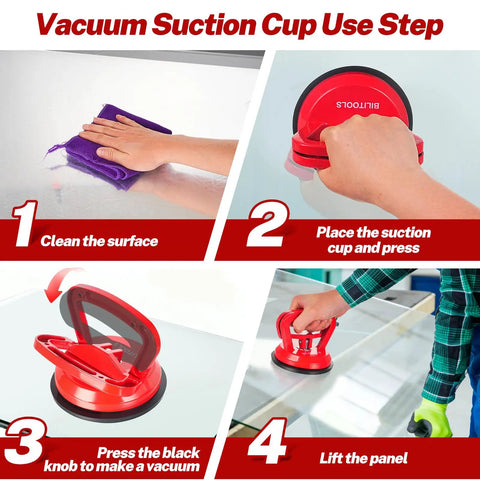 Steps demonstrating the 100 Lb Aluminum Glass Suction Cup With Locking Handle Heavy Duty Vacuum Lifter in use for lifting glass.