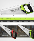 Pro Grade 14 Inch Hardpoint Handsaw With Cushioned Non Slip Grip Truly Razor Sharp Teeth displayed with size measurements.