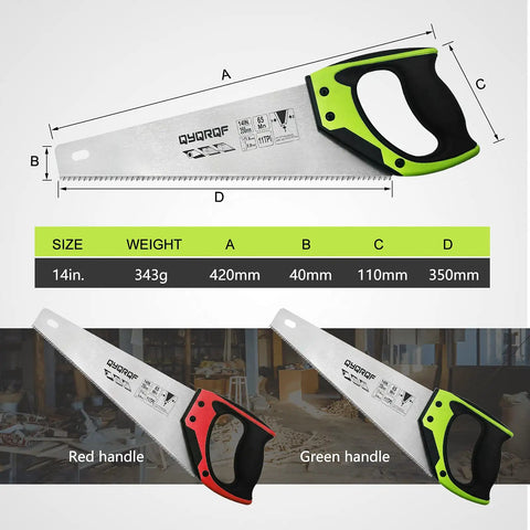 Pro Grade 14 Inch Hardpoint Handsaw With Cushioned Non Slip Grip Truly Razor Sharp Teeth displayed with size measurements.