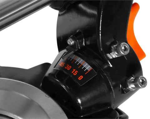 Close-up of 45-degree miter bevel scale on 15 Amp 10 Inch Sliding Compound Miter Saw With Laser For Seriously Precise Cuts Crosscut Boards Up