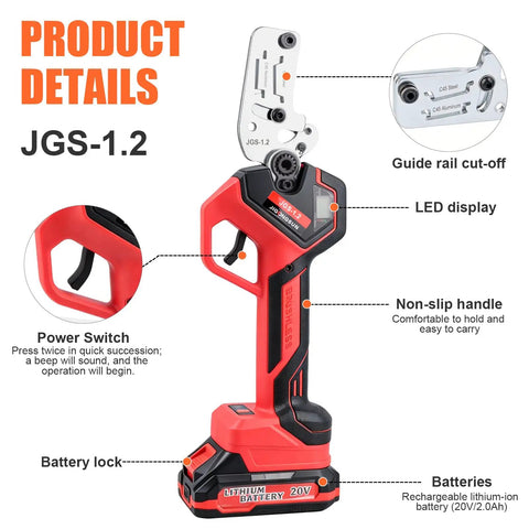 Heavy Duty Electric Din Rail Cutter With Slick Dual Groove Design For Knockout Straight Cuts On 35mm Aluminum And Steel Guide Rails No Sweat Portable Power Tool For Electrical Techs And Rough Site Work Daily - features close-up of non-slip handle and LED display.