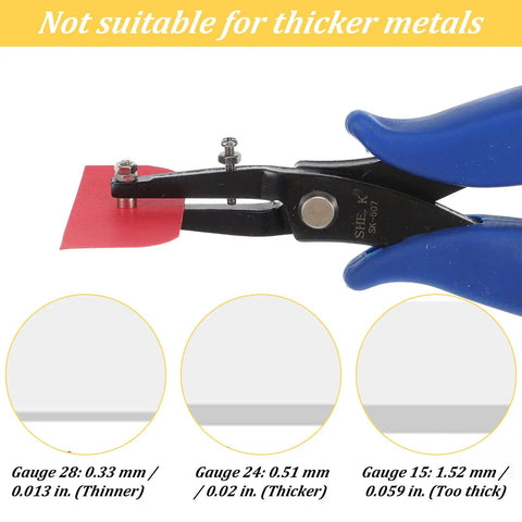 One Sixteenth Inch Round Hole Punch Pliers for Sheet Metal and Leather Crafting showing thickness gauge suitability details