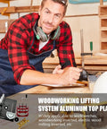 Premium Rock Solid Manual Router Lift System With Table Saw Insert Base Plate, man measuring dimensions in workshop with tools.