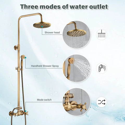 Antique Brass 8 Inch Rain Shower System With Handheld Spray And Dual Knob Mixing Valve Dope Brass Fixtures All In One Shower Faucet Set
