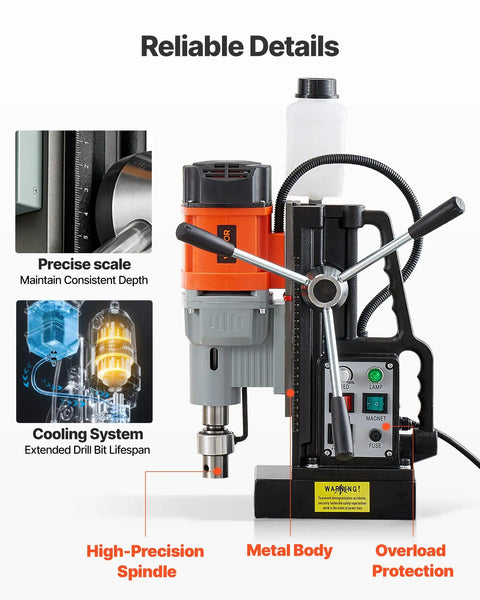 Beast Magnetic Drill Press For Metalwork With 1550W Power, featuring precise scale and cooling system for extended lifespan.