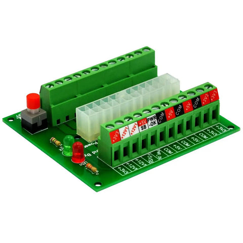 24-20 Pin ATX DC Power Supply Breakout Board Module with Standby and Power LEDs, latching power button, 24 Amp terminal blocks