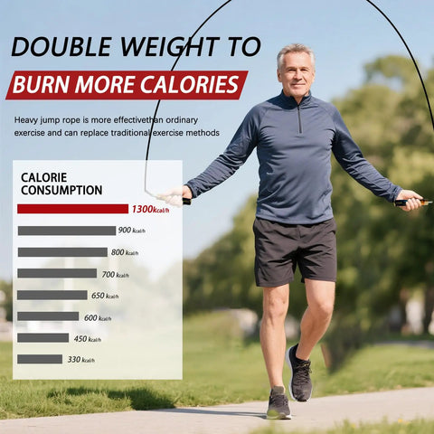 Man using Weighted Jump Rope for HIIT and MMA Training with Carbon Fiber Handle in outdoor setting with calorie chart.