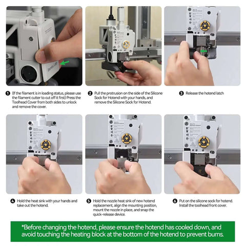 Step-by-step installation guide for A1 Mini Stainless Steel Hotend Kit with 0.4mm Hardened Steel Nozzle on a 3D printer.