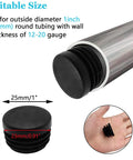 12 Pcs Round Plastic Hole Plugs 25mm Black End Caps For Tubing Glides fitted on a metal tube, showing dimensions and hand holding a plug.