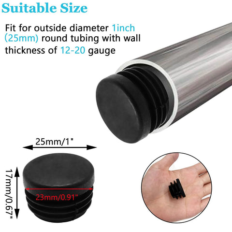 12 Pcs Round Plastic Hole Plugs 25mm Black End Caps For Tubing Glides fitted on a metal tube, showing dimensions and hand holding a plug.