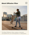 Person skateboarding with dog using 43mm Black Diffusion One Eighth Filter Delivers Misty Dreamy Cinematic Vibe For Video Vlog And Portraits Softens Highlights And Lowers Contrast With AGC Optical Glass For True Color And Skin Tone.