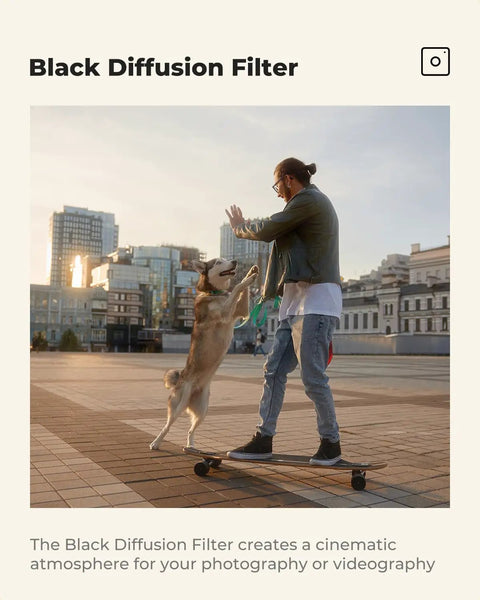 Person skateboarding with dog using 43mm Black Diffusion One Eighth Filter Delivers Misty Dreamy Cinematic Vibe For Video Vlog And Portraits Softens Highlights And Lowers Contrast With AGC Optical Glass For True Color And Skin Tone.